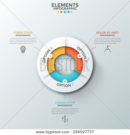 Round Paper White Diagram Divided Into 3 Colorful Sectors, Linear Icons And Text Boxes. Concept Of T