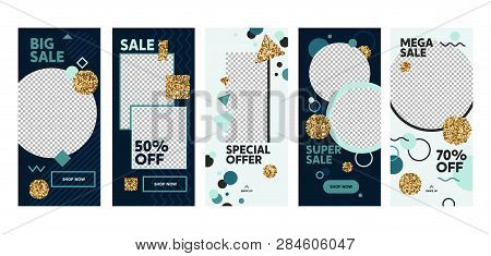 Instagram Story Super Sale Offer Mobile App Page Onboard Screen Set. Fun Modern Glitter Circle Squar