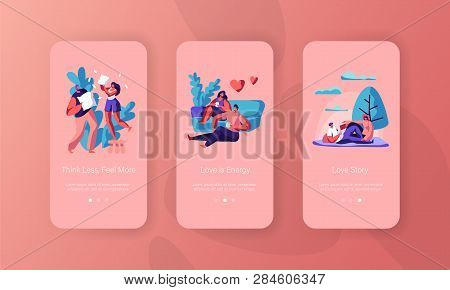 Joyful Couple Spend Time Mobile App Page Onboard Screen Set. Man And Woman Sit Drink Tea Or Coffee H