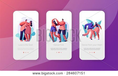 Couple Rest Dance Together Mobile App Page Onboard Screen Set. Happy Partner In Love Stay In Fun Dan