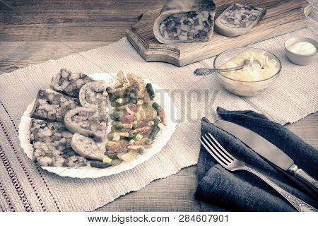 Saltison: Delicious Meat Appetizer With Various Vegetables.