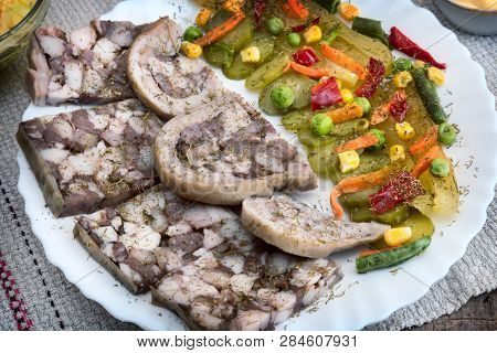 Saltison: Delicious Meat Appetizer With Various Vegetables.