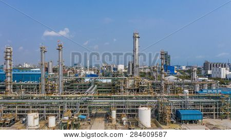 Chemical Plant, Chemical Factory, Industrial Plant With Blue Sky, Aerial View.