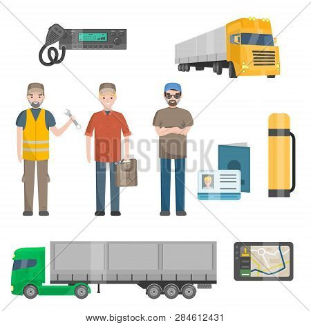 Auto Mechanics, Trucker, Cargo Trailer Truck, Road Attributes Set Vector Illustration