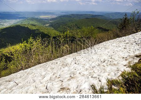 A View From The Snow-capped Peak Of Carpathian Parashka Mount, National Park Skolevski Beskidy, Lviv