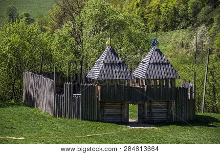 A Wooden Fortification For Mevieval Reenactments Near The Tustan Fortress Place, Archaeological And 