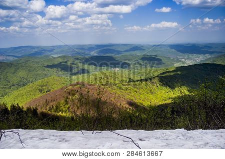 A View From The Snow-capped Peak Of Carpathian Parashka Mount, National Park Skolevski Beskidy, Lviv