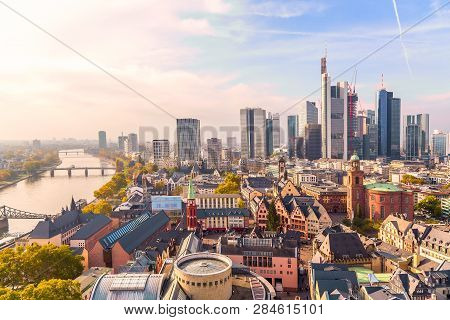 Panoramic View Cityscape Skyline Of Business District With Skyscrapers During Sunrise, Frankfurt Am 
