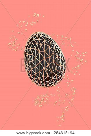 Stylish Luxury Easter Egg With Golden Grid On Light Pastel Background Antigravity 3d Illustration