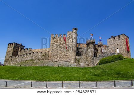 Ponferrada, Leon, Spain; June 2017: View Of Templar Castle In The  City Of Ponferrada Province Of Le