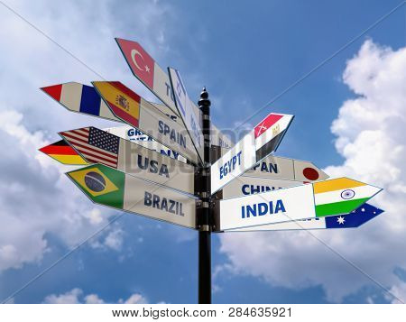 3D render of multidirectional roadsign with major states and their flags over the sky