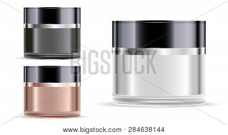 Cosmetic Jar. Glass Jar For Cream. Luxury Mockup. Round Vector Container With Glossy Black Plastic L