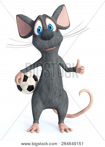 3d Rendering Of A Cute Smiling Cartoon Mouse Posing With A Soccer Ball In His Hand And Doing A Thumb