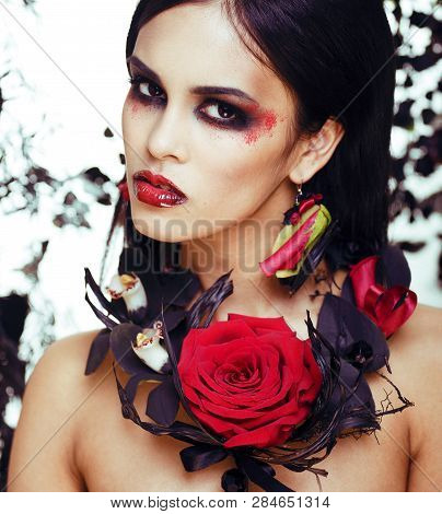 Pretty Brunette Woman With Rose Jewelry, Black And Red, Bright Make Up Kike A Vampire Closeup Red Li