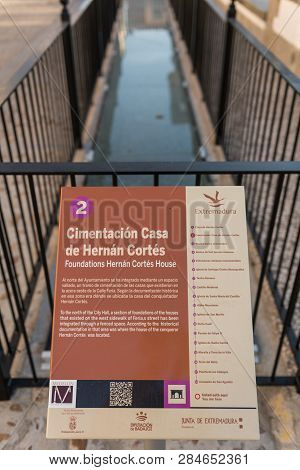Medellin, Extremadura, Spain - February 13, 2019: Fenced Area Where The Recently Found Foundations O