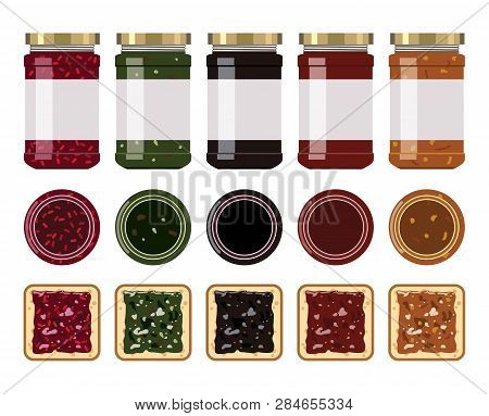 Vector Glass Jam Jars With Strawberry, Blueberry, Apricot, Apple, Cherry, Kiwi, Orange And Raspberry