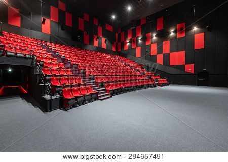 Russia, Nizhny Novgorod - November 14, 2016: Cinema Imperia Grez Nebo, Dolby Atmos. Empty Red Cinema