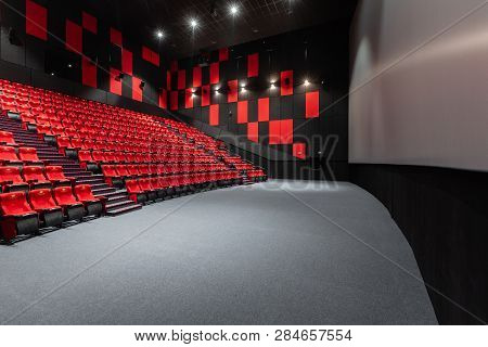 Russia, Nizhny Novgorod - November 14, 2016: Cinema Imperia Grez Nebo, Dolby Atmos. Empty Red Cinema