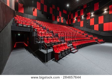Russia, Nizhny Novgorod - November 14, 2016: Cinema Imperia Grez Nebo, Dolby Atmos. Empty Red Cinema