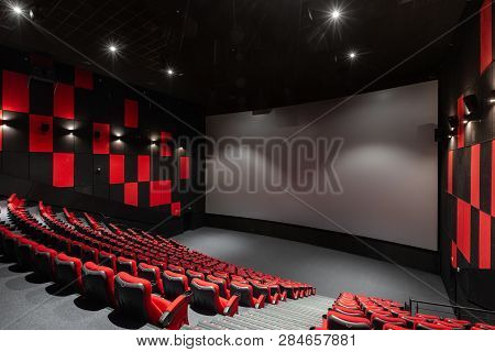 Russia, Nizhny Novgorod - November 14, 2016: Cinema Imperia Grez Nebo, Dolby Atmos. Empty Red Cinema