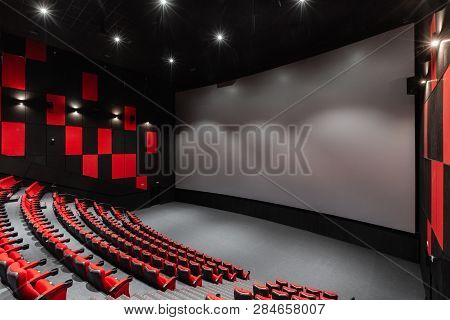 Russia, Nizhny Novgorod - November 14, 2016: Cinema Imperia Grez Nebo, Dolby Atmos. Empty Red Cinema
