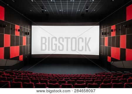 Russia, Nizhny Novgorod - November 14, 2016: Cinema Imperia Grez Nebo, Dolby Atmos. Empty Red Cinema