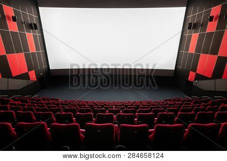 Russia, Nizhny Novgorod - November 14, 2016: Cinema Imperia Grez Nebo, Dolby Atmos. Empty Red Cinema