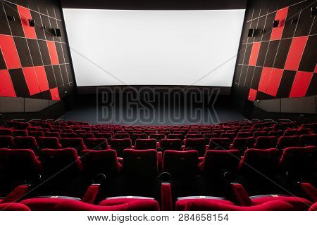Russia, Nizhny Novgorod - November 14, 2016: Cinema Imperia Grez Nebo, Dolby Atmos. Empty Red Cinema