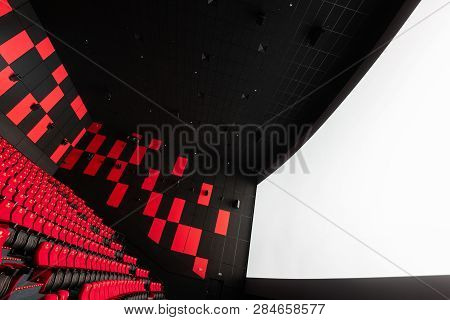 Russia, Nizhny Novgorod - November 14, 2016: Cinema Imperia Grez Nebo, Dolby Atmos. Empty Red Cinema
