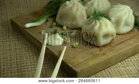 Dumplings On A Board With Chopsticks Fabric Bacjground