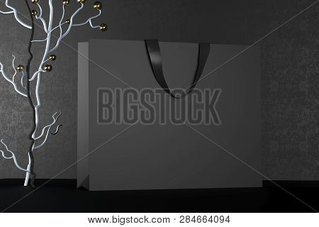 Premium Black Shopping Bags Mock-up, Package For Purchases On A Black Background. Black Paper Shoppi
