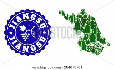 Vector Composition Of Wine Map Of Jiangsu Province And Grape Grunge Stamp. Map Of Jiangsu Province C