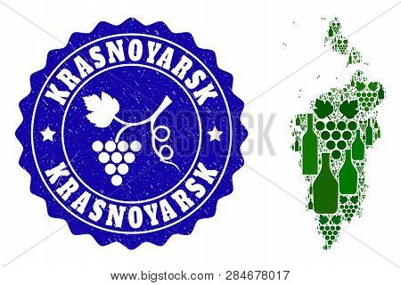 Vector Collage Of Wine Map Of Krasnoyarskiy Kray And Grape Grunge Seal. Map Of Krasnoyarskiy Kray Co