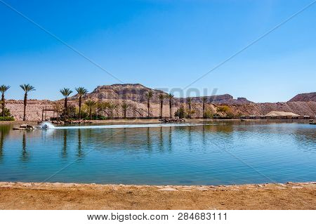 Timna Lake Surrounded By Camping Areas, Resting Zones, Growing Palms And Ancient Cooper Mines Canyon
