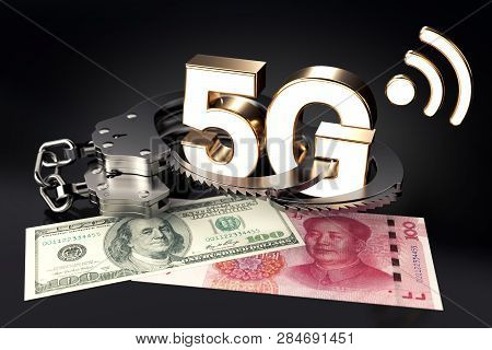 5g Symbol In Handcuffs On Dollar And Yuan Bills. Legal Problems Between Investors And Governments. H