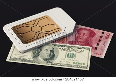 Sim Card Laying On Chinese Yuan And American Dollar Bills. Legal Problems Concept. 3d Rendering
