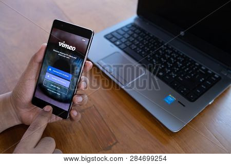 Chiang Mai, Thailand - April 21,2018: Man Holding Huawei With Vimeo On Screen.  Vimeo Is A Video-sha