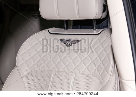 Novosibirsk, Russia - 08.01.18: Interior View With Emblem On Steering Wheel Of Luxury Very Expensive