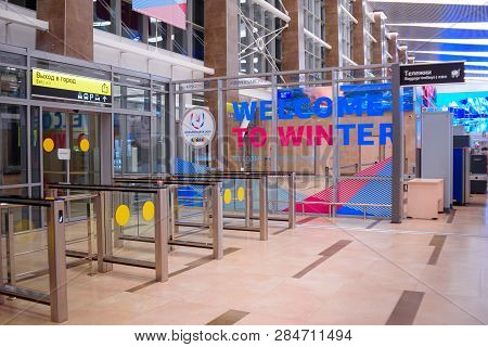 Krasnoyarsk Airport.krasnoyarsk. Russia-17.02.2019. Welcome Sign For The Krasnoyarsk, Russia - Janua