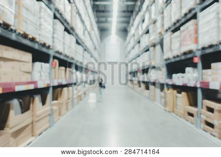 Blur Business Warehouse Store Background.product In Store Shelf. Dropshipping Warehouse