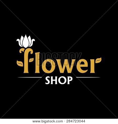 Vector Logo For Flower Shop. Gold Emblem With White Tulip On Black Background. Icon For Florist, Flo