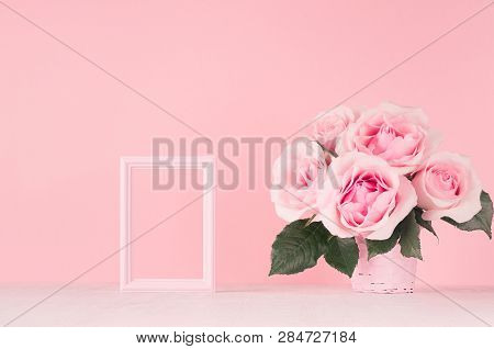 Romance Festive Interior - Delicate Pastel Pink Flowers, Blank Frame Fof Design And Taxt On White Wo