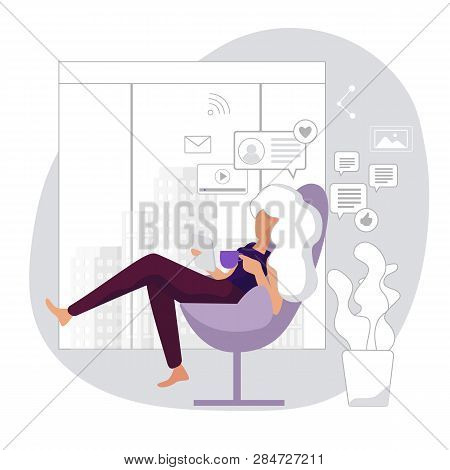 Modern Office Lifestyle. Office Break Time. Young Woman Sends Emails Friends. Comfortable Workingspa