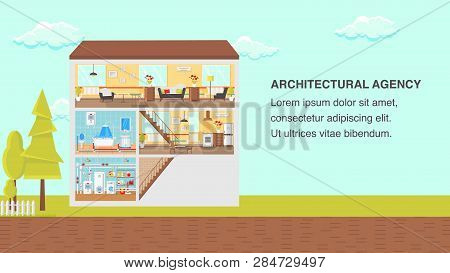 Architectural Agency Concept Flat Vector Illustration. Building Insight, Tree Clipart With Text Spac