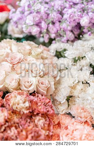 Floral Carpet, Flower Texture, Shop Concept. Beautiful Fresh Blossoming Flowers Roses, Spray Roses, 