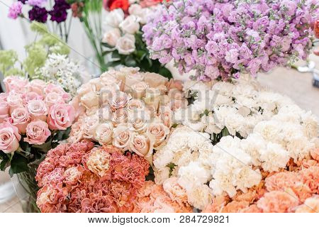 Floral Carpet, Flower Texture, Shop Concept. Beautiful Fresh Blossoming Flowers Roses, Spray Roses, 