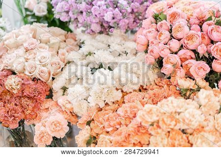Floral Carpet, Flower Texture, Shop Concept. Beautiful Fresh Blossoming Flowers Roses, Spray Roses, 