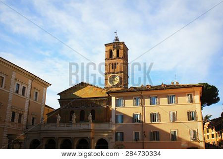 Basilica Di Santa Maria In Trastevere Ain Trastevere At Sunset, Rome, Italy. Trastevere Is Rione Of 