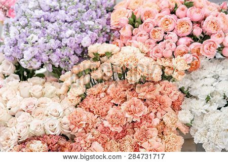 Floral Carpet, Flower Texture, Shop Concept. Beautiful Fresh Blossoming Flowers Roses, Spray Roses, 