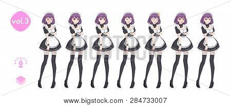Anime Manga Girl, Cartoon Character In Japanese Style. Costume Of Maid Cafe. Set Of Emotions. Sprite